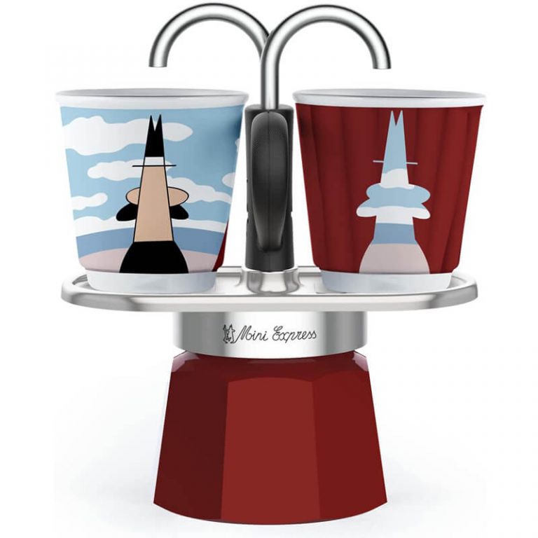 Bialetti Mini Express & 2pcs Espresso Cups Red Magrite