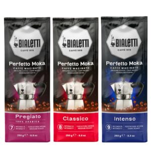 Bialetti Perfetto Moka 3 Pack Sampler - Pregiato, Intenso, Classico Ground Coffee 250grams