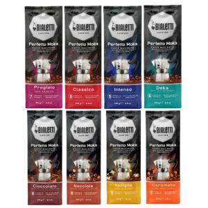 Bialetti Perfetto Moka 8 Pack Ultimate Sampler - Pregiato Classico Intenso Decaf Hazelnut Chocolate Vanilla Caramel - Ground Coffee 250grams